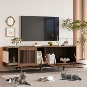 Mid-Century Modern Style 2 IN 1 Cat Furniture 74 Walnut TV STAND With Sliding Flip-down Glass Door, Cat House Litter Box With Sisal Scratcher Board