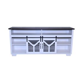 65.3 TV Stand With LED Light Strips And Iron Mesh Barn Door Y Decorative Strip White  Black Walnut Color Top Farmhouse