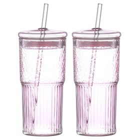 20 Oz 2-pack Pink Glass Straw Cup With Vertical Pattern Cup And Lid, High Borosilicate Heat-resistant Glass Cup For Juice, Milk And Cold Drinks