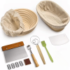 The bread proofing kit includes a 9-inch round and a 10-inch oval proofing basket, and a set of baking tools including a bread knife, dough scraper