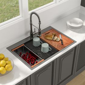 33 Inch Top Mount Drop-In Single Bowl Workstation Gunmetal Black Stainless Steel Kitchen Sink With Bottom Grid and Basket Drain, Roll-Up Drying Rack