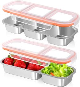 2 Pack Stainless Steel Snack Containers, Reusable 3 Compartment + 2 Compartment Condiment Box with Lids snack box