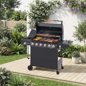 6 Burner BBQ Propane Gas Grill with Side Burner 72000 BTU Output Stainless Steel Barbecue Grill with Cast Iron Grates and Side Tables for Outdoor Cook