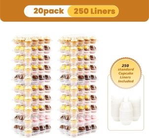 12 Count Cupcake Containers, 20 Pack Stackable Cupcake Carrier with 250 Pack Cupcake Liners, Plastic Cupcake Boxes Holders
