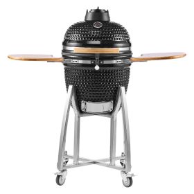 Charcoal Smoker and Grill, 18" Kamado Charcoal BBQ Smoker, Movable Ceramic Barbecue Grill with 4 Wheels (2 Lockable), Built-in Thermometer