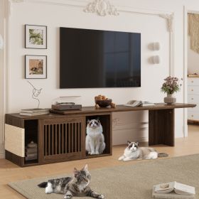 Mid-Century Modern 2 In 1 Cat Furniture 78 Extendable Walnut TV Stand Up ,  Entertainment Center Litter Box Enclosure With Cat Scratcher